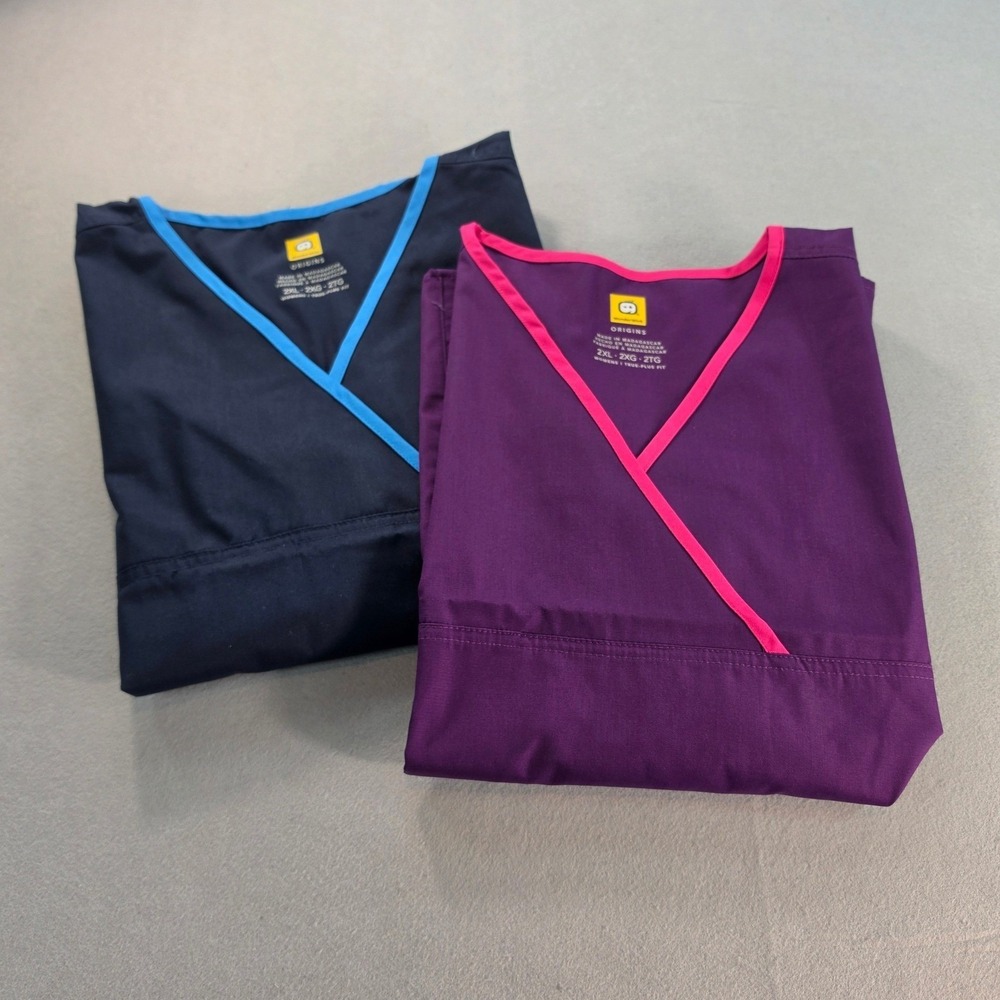 WonderWink Origins Scrub Tops 2 Pack Navy Purple Mock Wrap V-Neck 2XL 6026 EGP